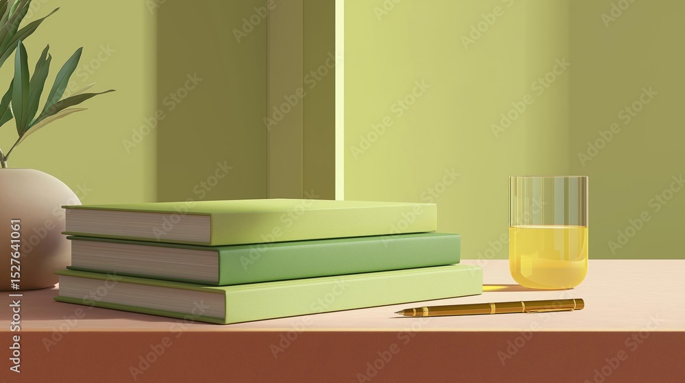 Poster stack of three green books on a pink surface. the books are neatly arranged in a pyramid-like shape,