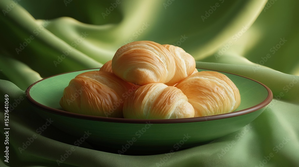 Poster green bowl with four croissants in it. the bowl is placed on a green cloth with a wavy pattern, crea