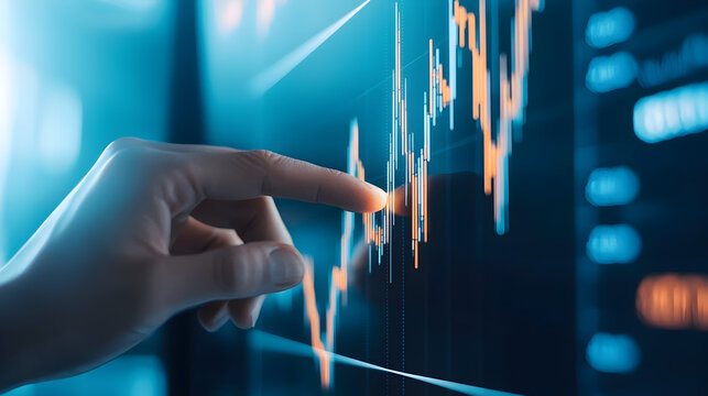 A hand points at a digital financial chart, showcasing market trends and data analysis with vibrant colors against a dark background.