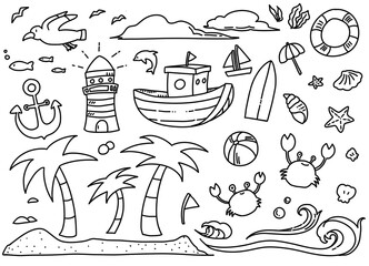 Summer and the Sea doodle, sketch Summer Sea, hand drawn doodle