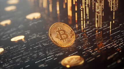 A digital illustration showcasing a prominent Bitcoin coin amidst a backdrop of glowing data streams and other coins, emphasizing cryptocurrency themes.