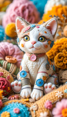 Fototapeta premium This charming image presents a whimsical cat sculpture decorated with colorful flowers and buttons