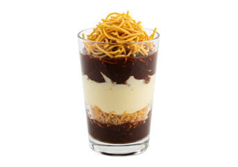 Isolated Chocolate and Vanilla Parfait with Crispy Noodles