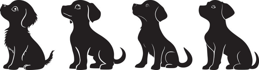 Puppy Silhouettes Vector Illustration, Isolated on White