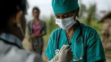 A healthcare worker in scrubs and a mask attends to a patient in a rural setting, emphasizing the importance of medical care in underserved communities.