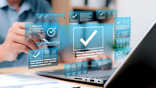 Businessman validating digital documents using futuristic interface with checkmark icons, quality assurance system, compliance review, and document verification.