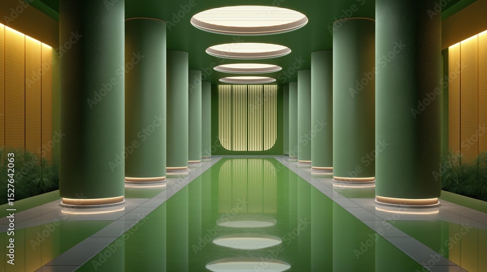 Poster long corridor with a green floor and white walls. the corridor is lined with tall columns on both si
