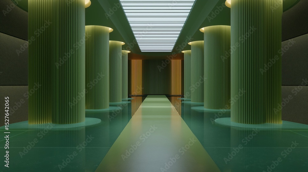 Poster long corridor with a skylight above it. the corridor is lined with tall, cylindrical columns that ar