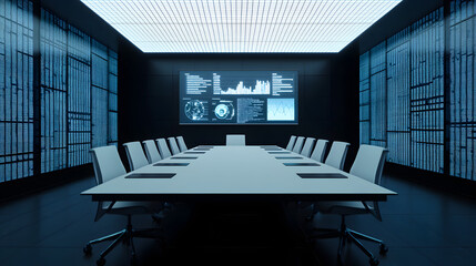 A modern, high-tech conference room with a sleek table, chairs, and digital displays featuring data and graphs on the walls.