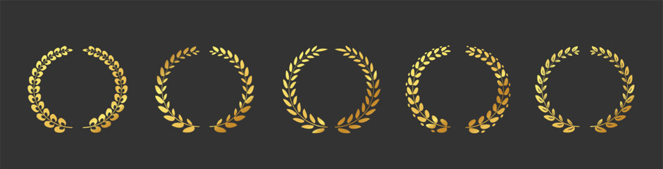 Gold laurel wreath medal set. Award icons with round branch frames. Champion, winner, trophy symbols on dark background. Vector collection.