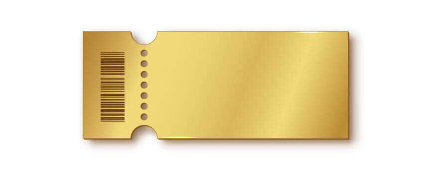 Golden ticket template isolated on white. Blank VIP voucher, coupon, and discount stub for cinema, theater, concert or party. PNG