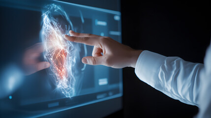 A person interacts with a futuristic touchscreen displaying a glowing brain scan, emphasizing technology and healthcare innovation.