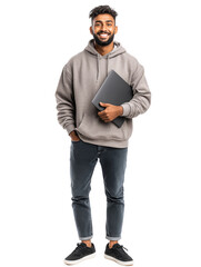 Young Indian man with beard, wearing gray casual hoodie and jeans, standing with laptop under his arm. Software engineer, student, startup founder. Isolated object, transparent background