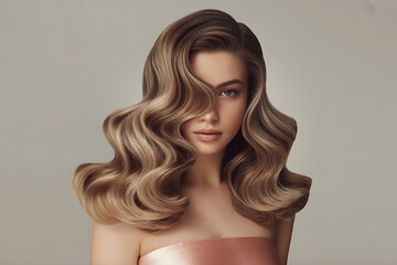 Blonde fashion model with long hair posing in a studio, showcasing her beauty and glamour