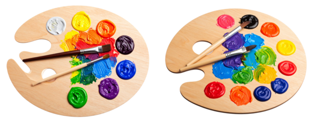 Wooden artist palette with colorful paint blobs and two brushes isolated on transparent background PNG