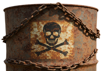 Isolated Rusty Barrel with Skull and Chains Industrial Wasteland
