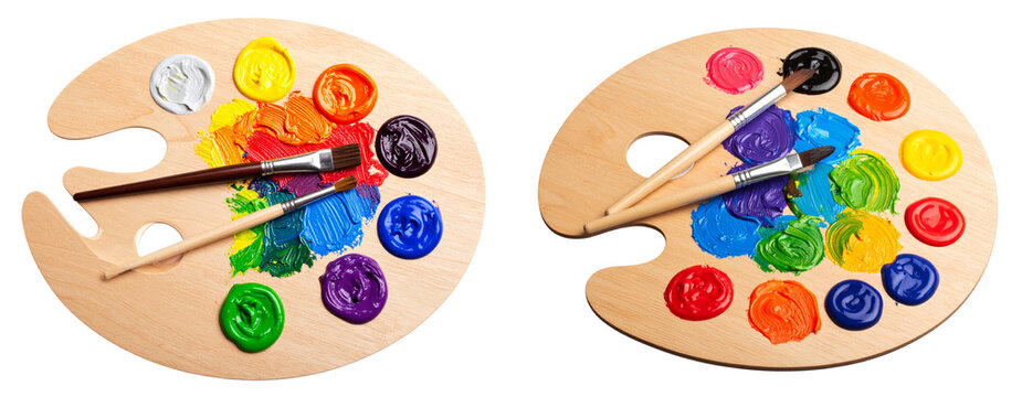 Wooden artist palette with colorful paint blobs and two brushes isolated on transparent background PNG