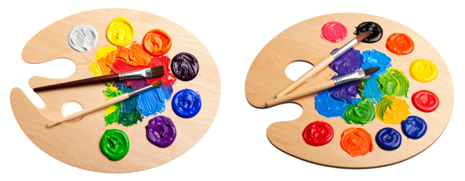 Wooden artist palette with colorful paint blobs and two brushes isolated on transparent background PNG
