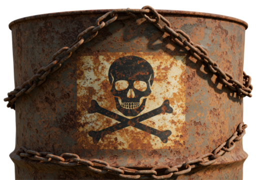 Isolated Rusty Barrel with Skull and Chains Industrial Wasteland