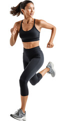Young athletic woman wearing black sports top and leggings, gray sneakers, running. Youth Asian female model. Isolated object with transparent background