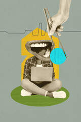 Poster sketch image artwork photo collage of worker profession business caricature headless mouth...