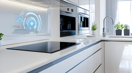A modern kitchen featuring sleek white cabinetry, an induction cooktop, and smart technology integrated into its design.