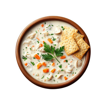 Creamy Clam Chowder with Crackers - Overhead Shot