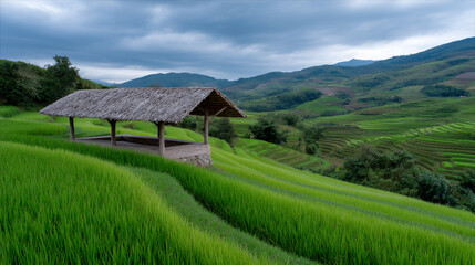 Fototapeta premium Wooden shelter in a terrace rice.