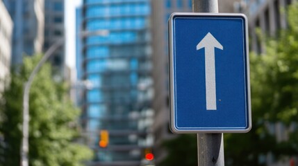 Blue rectangular one way street sign white arrow
