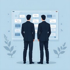 Obraz premium Two businessmen reviewing project workflow on large screen