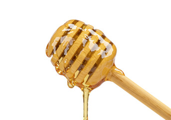 Isolated Wooden Honey Dipper with Dripping Honey