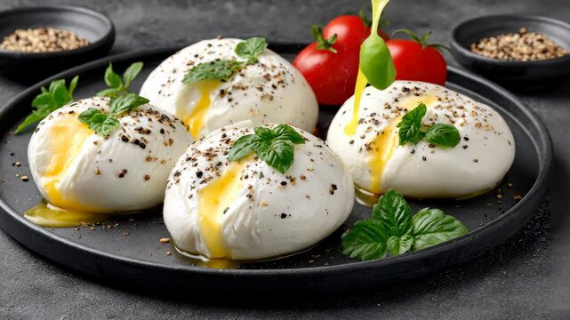 Delicious homemade burrata cheese served with cherry tomatoes and herbs in a classy kitchen setting