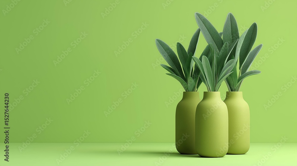 Poster three small vases with green leaves in them. the vases are arranged in a row and are placed on a pla