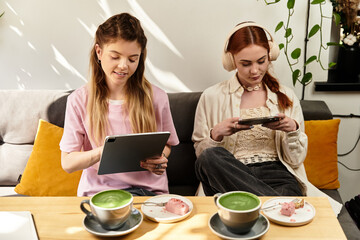 Two young women enjoying a stylish afternoon in a modern cafe with delicious treats