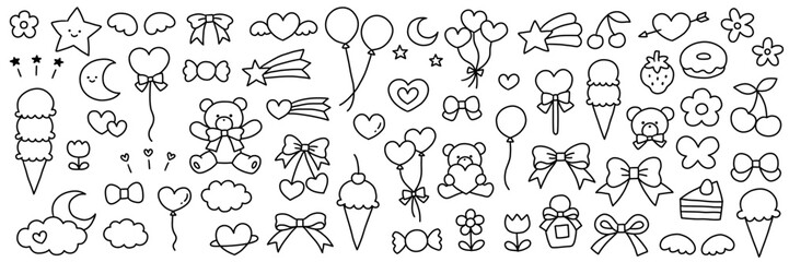 手書きのかわいいくまや風船などのベクターイラストセット。ゆめかわ、ハート、リボン、落書き