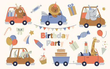 Cute animals characters driving cars for party celebration delivering gift boxes and balloons