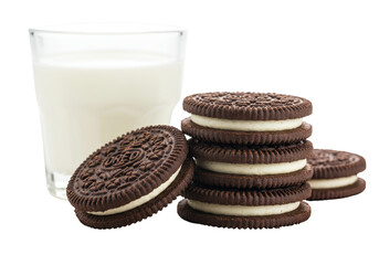 Isolated Chocolate Cookies with Cream Filling and Glass of Milk