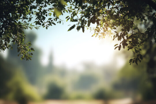 Sunlit tree canopy with blurry background creates serene and peaceful atmosphere, capturing essence of sunny day in nature. soft focus enhances tranquility
