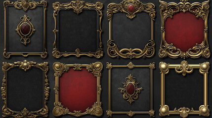 Elegant collection of ornate golden frames with decorative embellishments on dark background