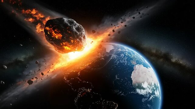 Dramatic Asteroid Impact on Earth Rendered with Intense Fire and Explosions