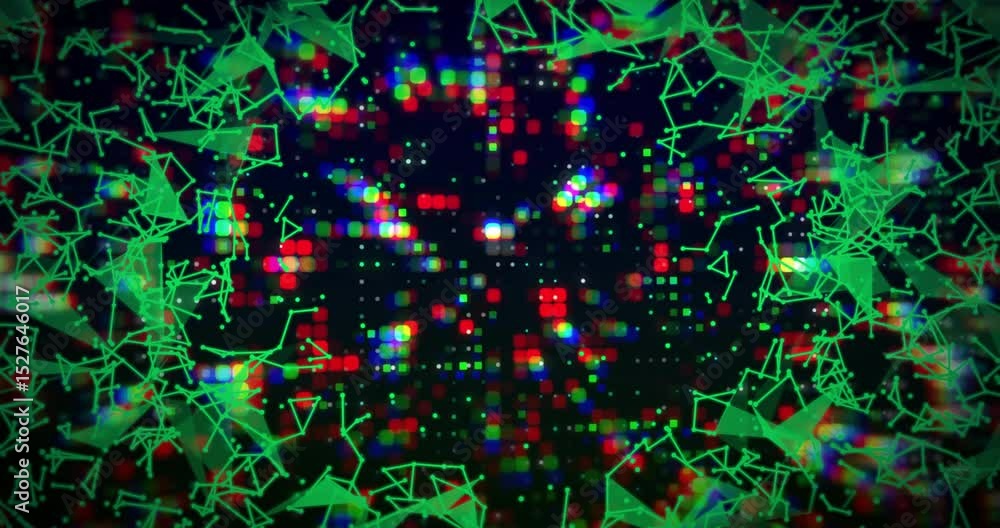 Poster upon neon wireframe emerging from left, 3d mesh expanding around pulsating grid showing data flow