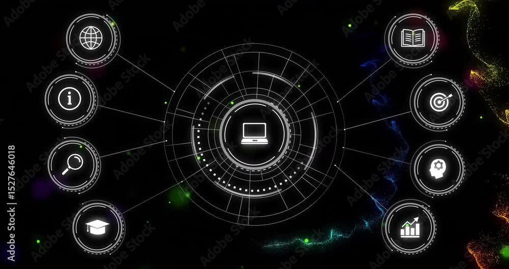 Poster on start hud laptop icon appearing rings rotating particles pulsing aura sweeping showing data flow