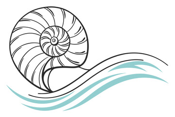 Obraz premium Illustration of a Nautilus Shell on a Water Wave.