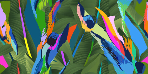 Exotic abstract funky jungle pattern. Dynamic tropical print. Fashionable unique template for design. 