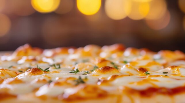 Cheesy pizza with bubbling crust and fresh herbs on display in a warm setting
