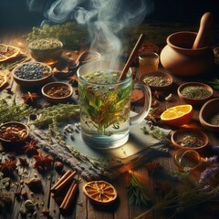 The water now boiling releases the scent of the herbs added Desc