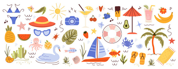 trendy, tropical fruits, desserts, summer elements. naive, summer set, isolated shapes on a white background. minimalist, childish, naive style. for print, banners, social network, and businesses. png