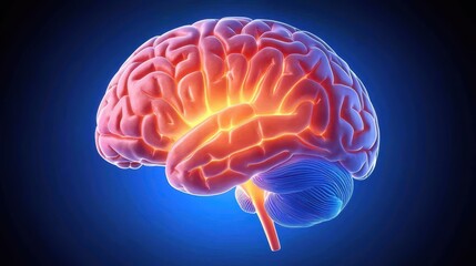 Obraz premium A vibrant digital illustration of a human brain, showcasing neural connections and illuminated areas against a deep blue background