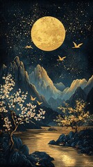Golden Moon and Mountains and Trees