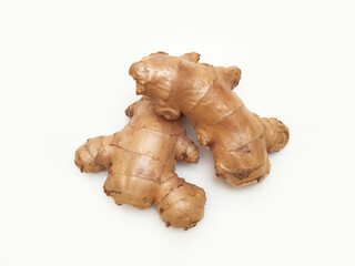 Fresh ginger rhizome or ginger root isolated on white background, closeup, top view